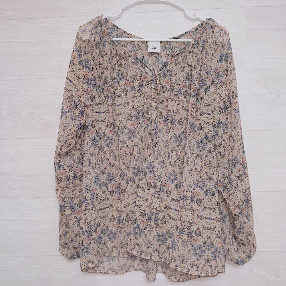 Cabi #5028 Siena Floral Blouse Size Small Peasant Boho Long Sleeve Semi Sheer